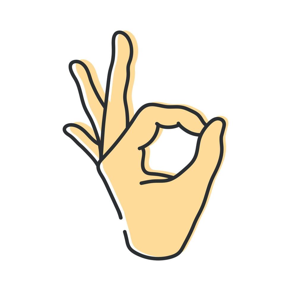 Hand with OK gesture sign. Line icon isolated on blue background. Hand drawn illustration vector