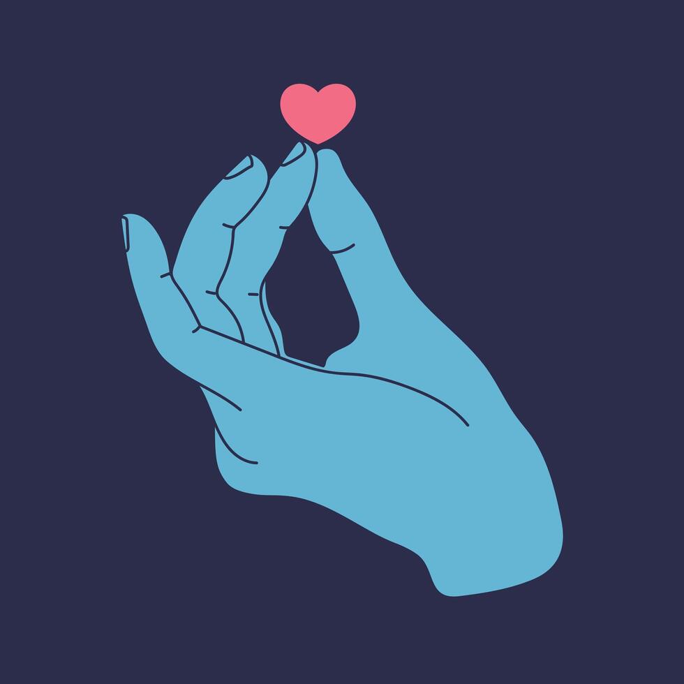 Human hand holding a heart. Hand gesture isolated on blue background. illustration vector