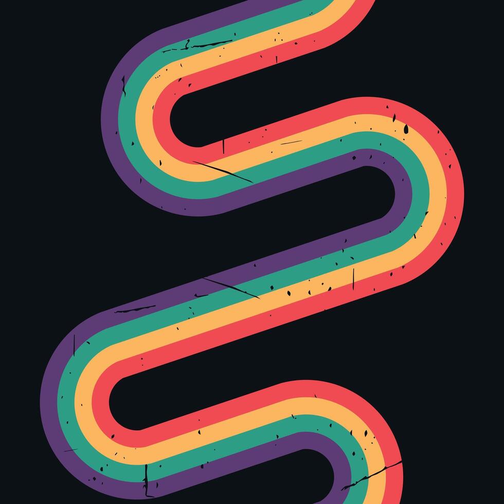 Retro vintage style stripes. Twisted rainbow on dark background. Grunge texture. illustration vector