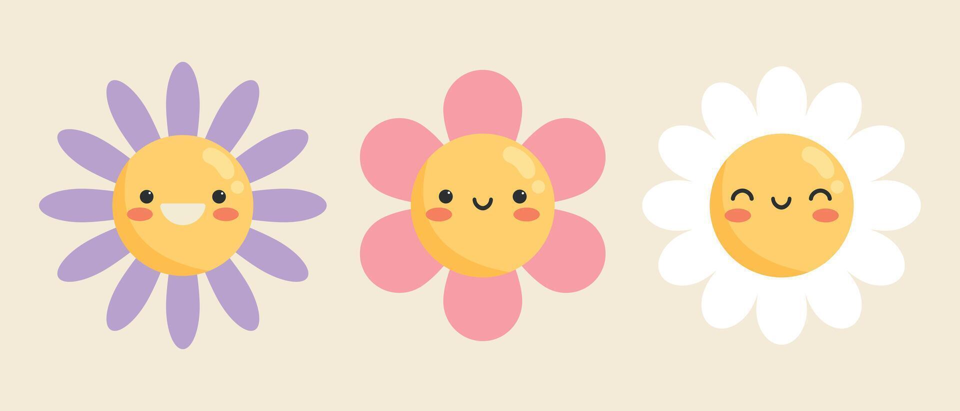 Cute cartoon smiling flower characters set. Childish style. illustration vector