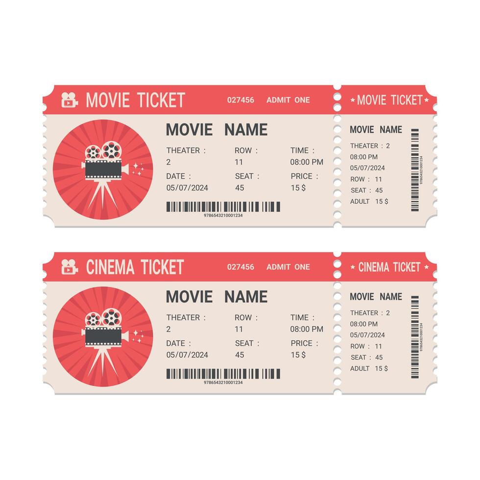 Cinema or movie ticket retro design. Realistic front view. Vintage ticket template. illustration vector