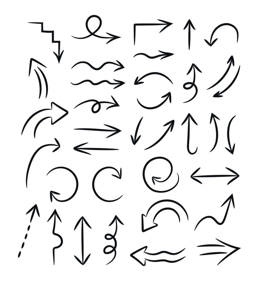 Simple hand drawn arrows collection. Arrows with different shapes, dotted arrows. illustration vector