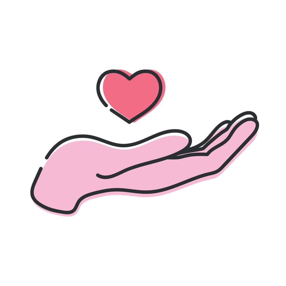 Heart on cupped hand line icon isolated on white background. Human hand holding a heart. illustration vector