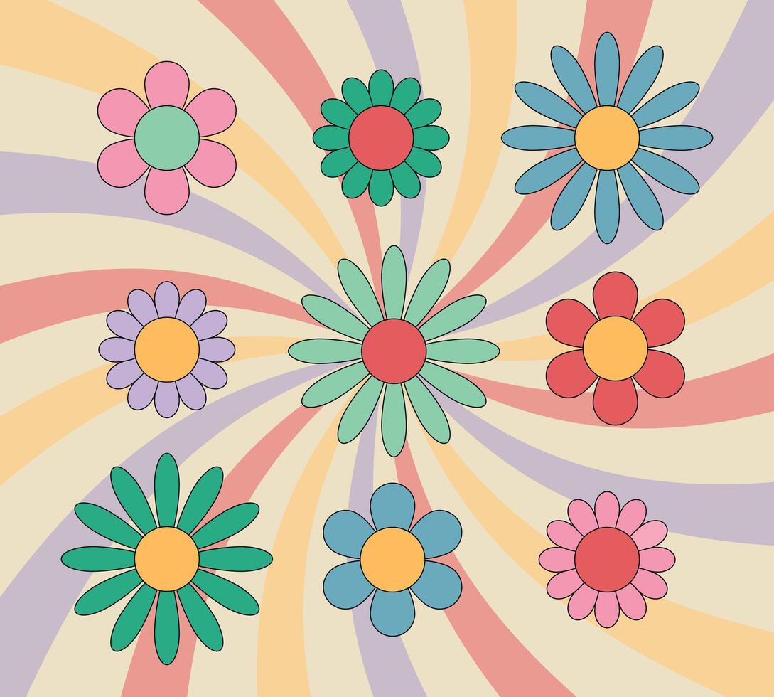 Groovy daisy flowers colorful set. Hippie retro style. Flower icons. illustration vector