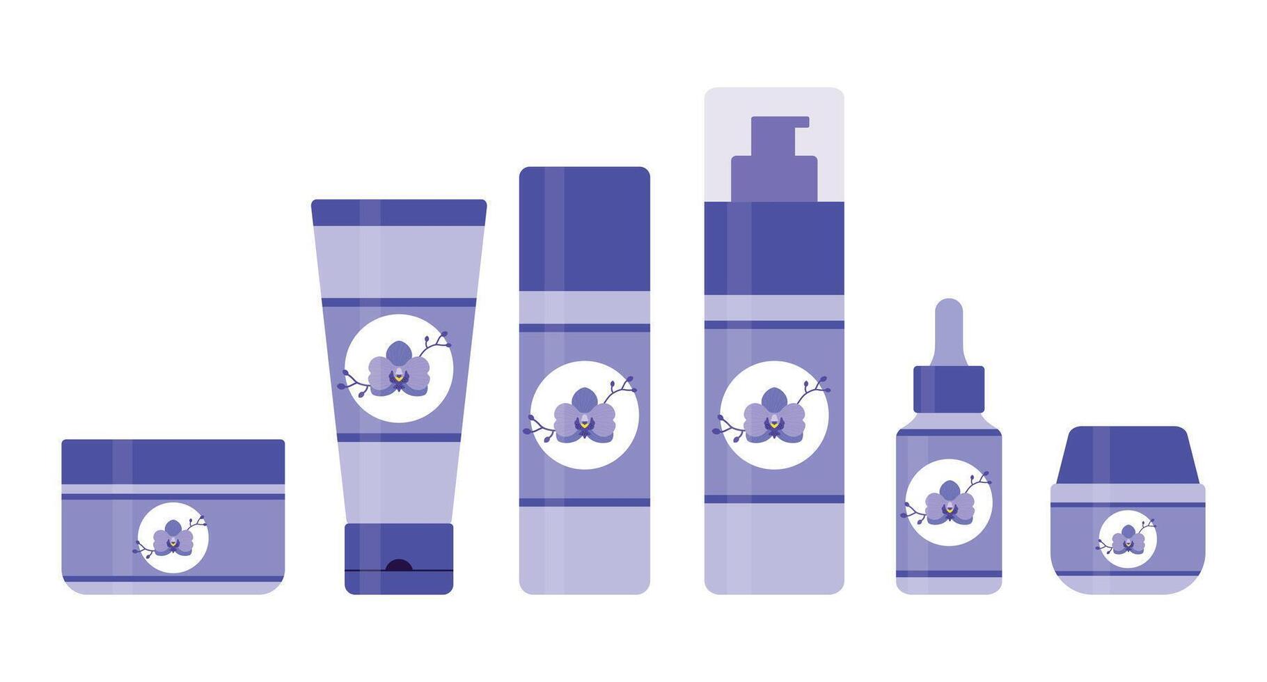 Set of cosmetic products for daily beauty routine. Tubes and bottles for skin care and beauty with an orchid logo. illustration vector