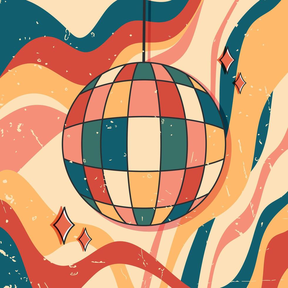 Disco ball in vintage groovy style. Trendy retro design with grunge texture. illustration vector
