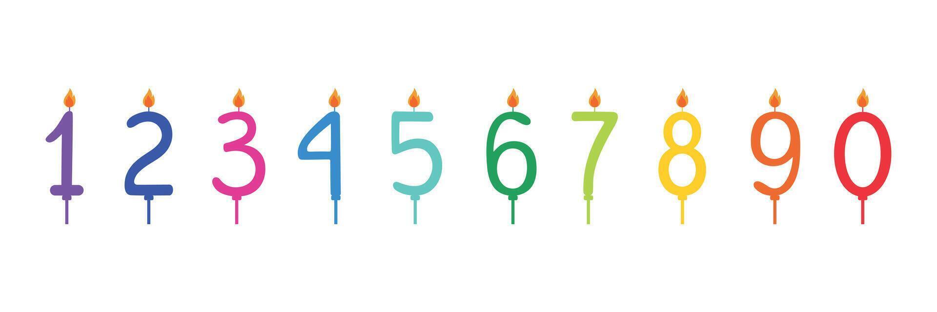 Happy Birthday set of candle numbers on dark background. Rainbow colors. Holiday template bundle. Flat style. illustration vector