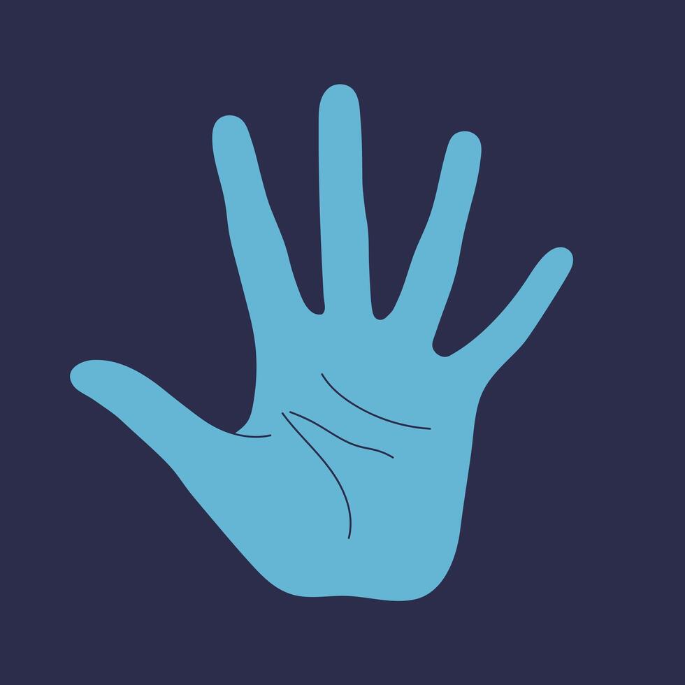 Raised human hand. Open palm of a hand on blue background. Salute gesture. illustration vector