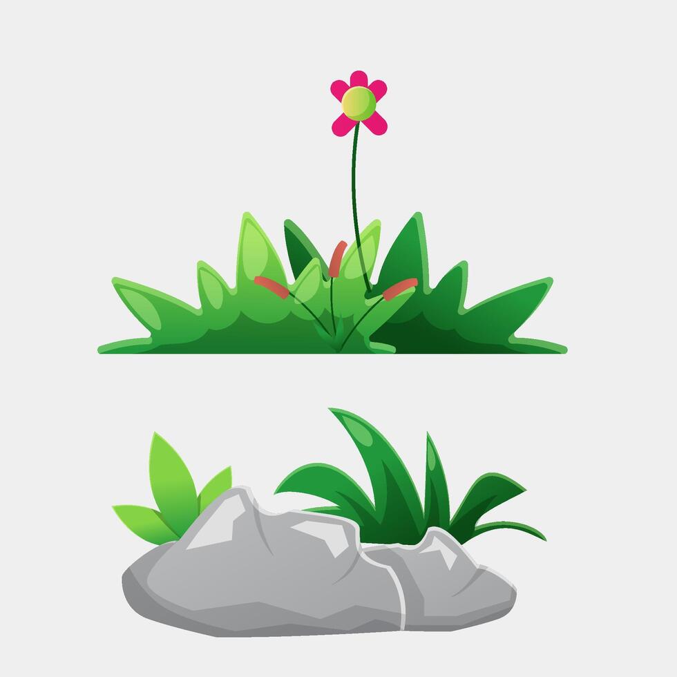 Set of green Bushes and rocks in Bloom A Flourishing Illustrations vector