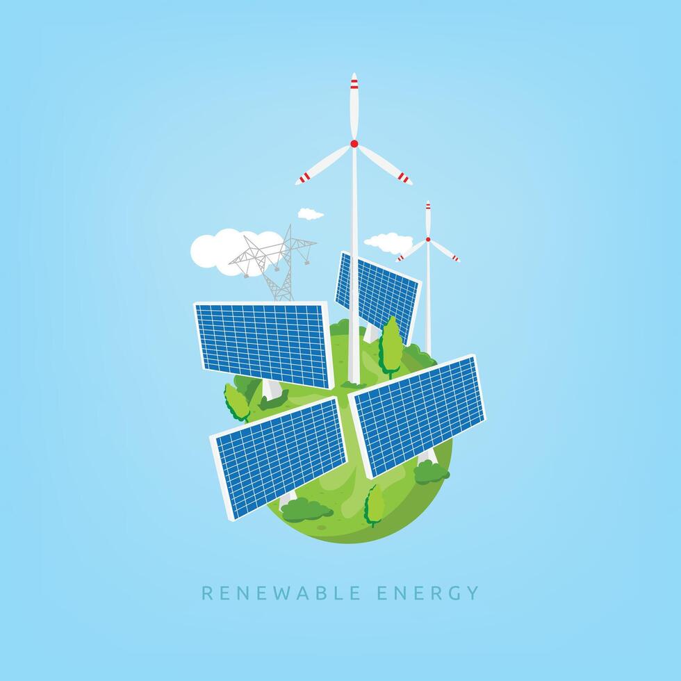 RENEWABLE ENERGY DESIGN CONCEPT. TREE, POWER GENERATOR AND EARTH ILLUSTRATION. vector