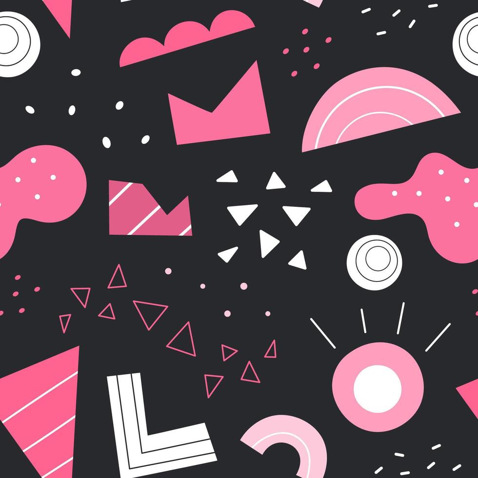 Abstract geometric shapes seamless pattern. Hand drawn various shapes and doodle objects. Abstract contemporary modern style pattern. Trendy pink core illustration. Stamp texture. Dark theme vector