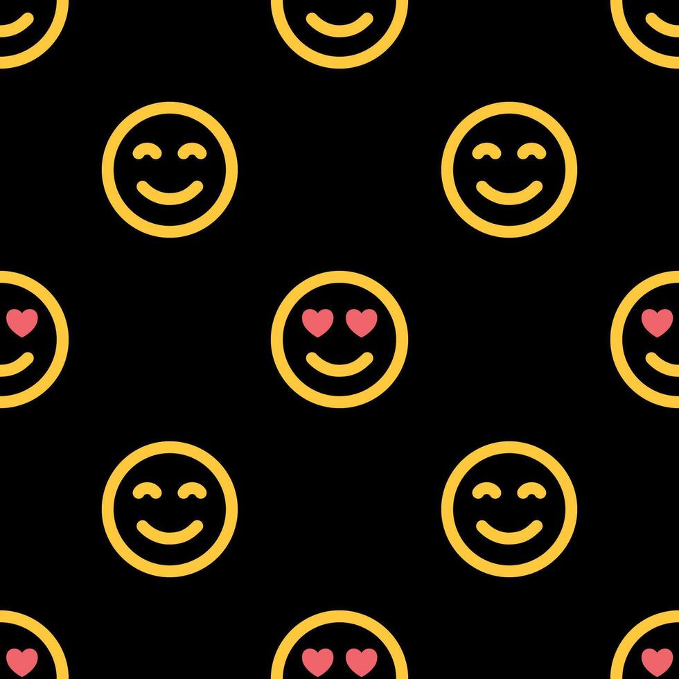 Seamless pattern with emoji, smiles in love, messages, social media elements. Chatting concept. Fabric texture, textile design in flat style on black background. Love concept. Dark theme vector