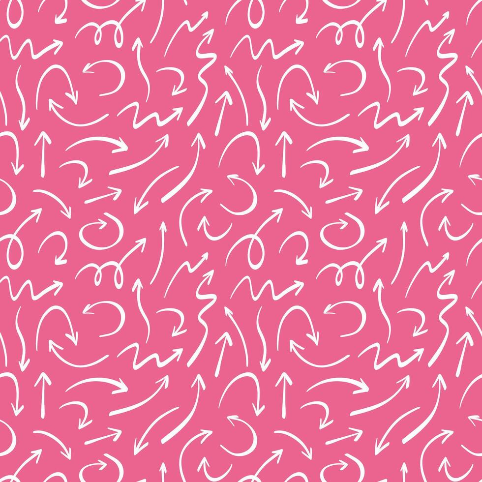 Hand drawn curved arrows seamless pattern. Doodle pink core style. Texture of pointers. Illustration in Sketch style. Glamour 2000s, 90s aesthetic vector