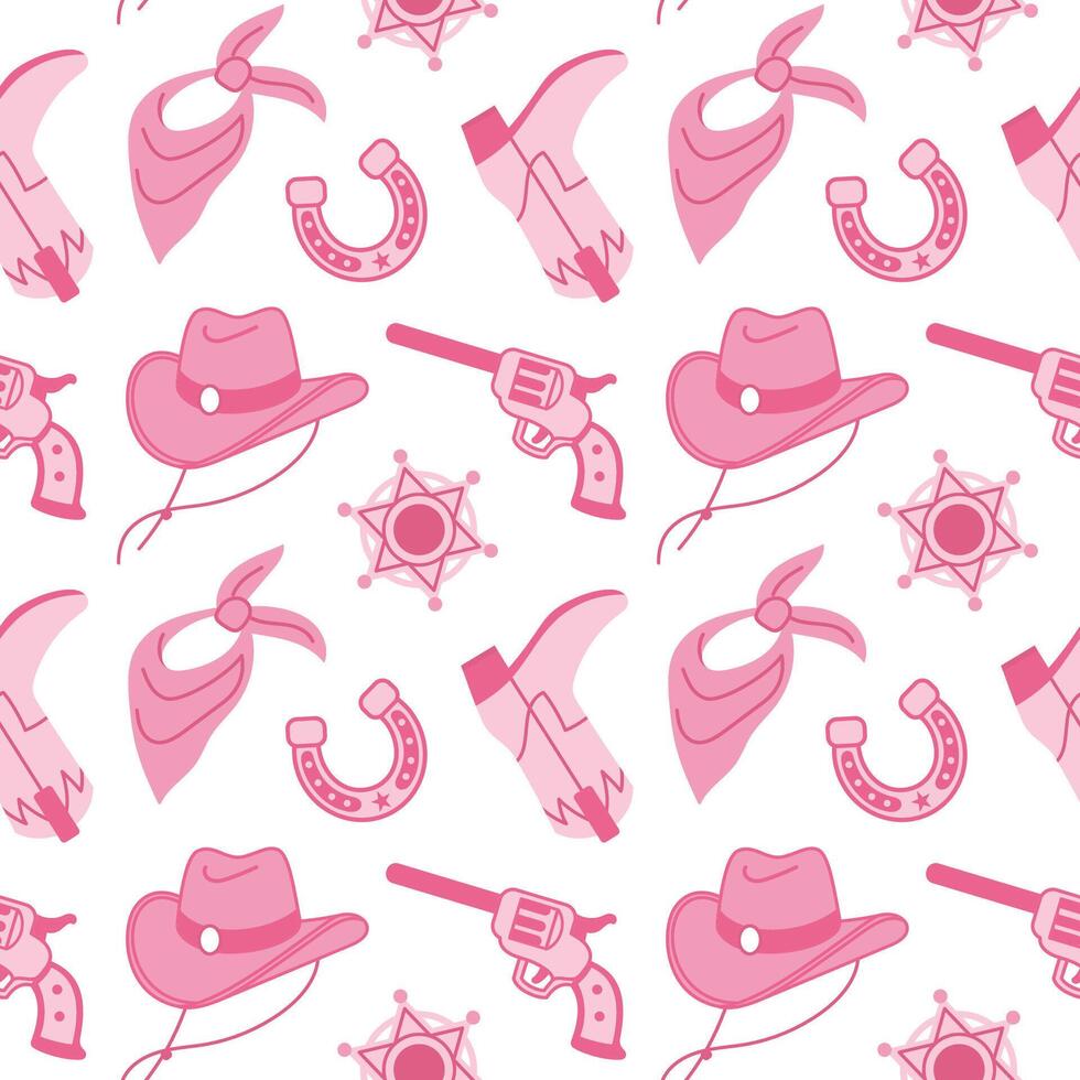 Sheriff Pink core fashion elements seamless pattern. Cowgirl hat, handgun, sheriff badge. Cowboy western and wild west theme. Hand drawn illustration, white background. vector