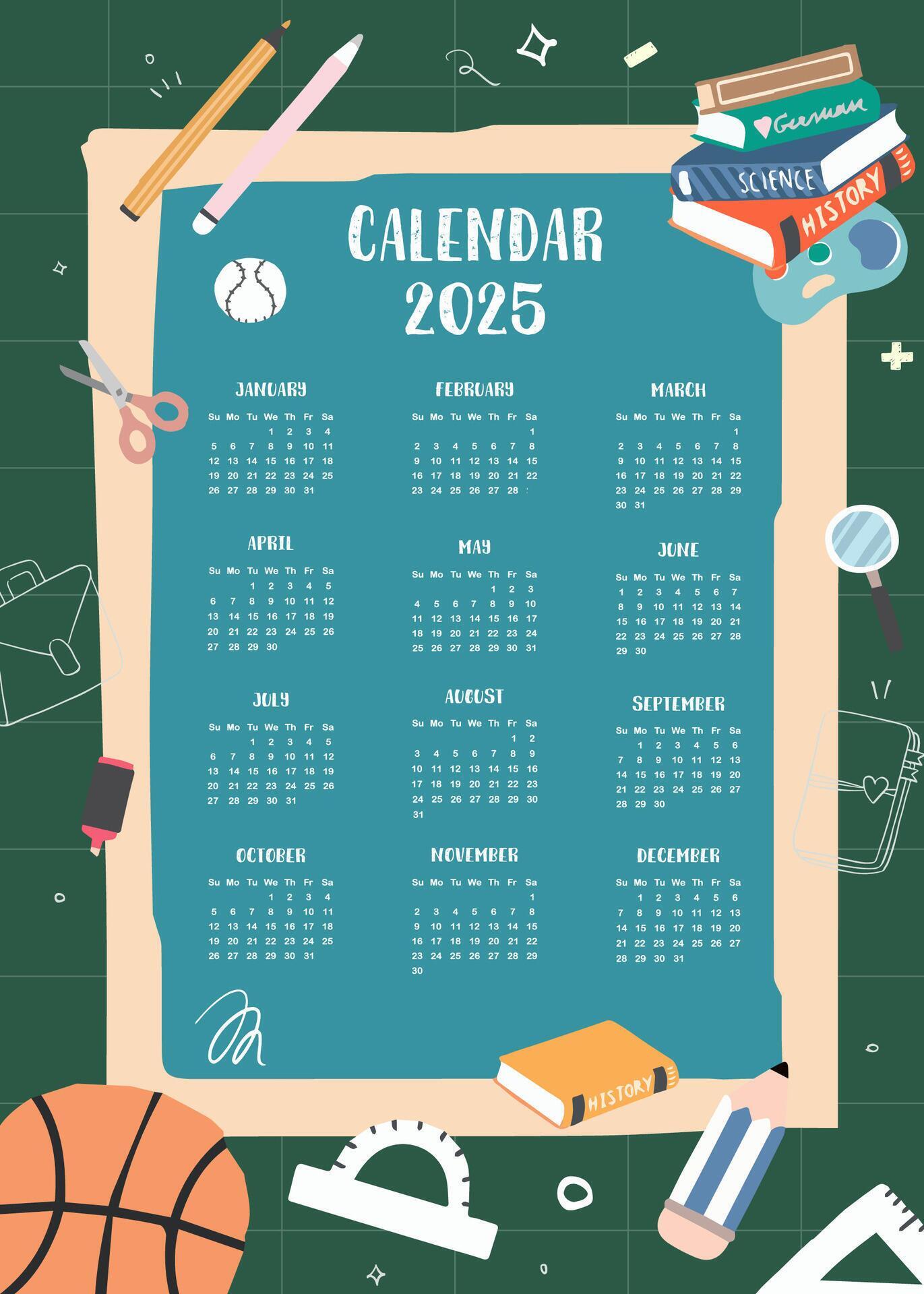 2025 table monthly calendar week start on Sunday with school that use for vertical digital and