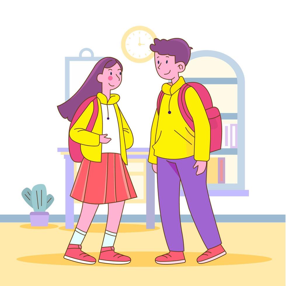 Flat Design Illustration of Cute Boy Girl Character Wearing Backpack Back to School vector
