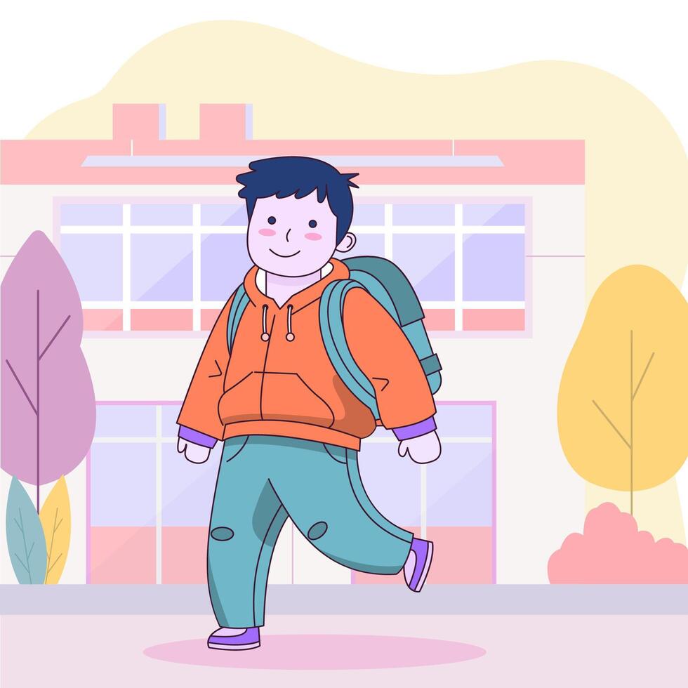 Flat Design Illustration of Cute Boy Character Walking in Front of the School Building with Smiling Expression vector