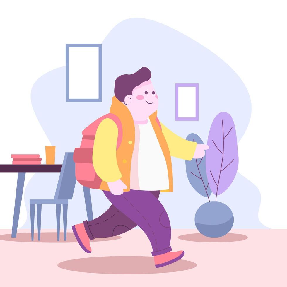 Flat Design Illustration of Cute Boy Character Wearing Backpack with Smile Expression Going to School vector