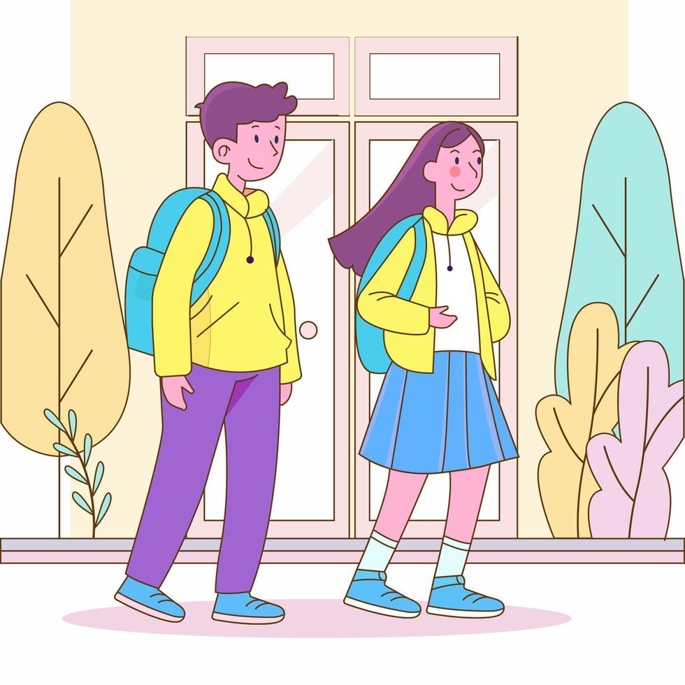 Flat Design Illustration of Cute Boy Girl Character Wearing Backpack Back to School vector