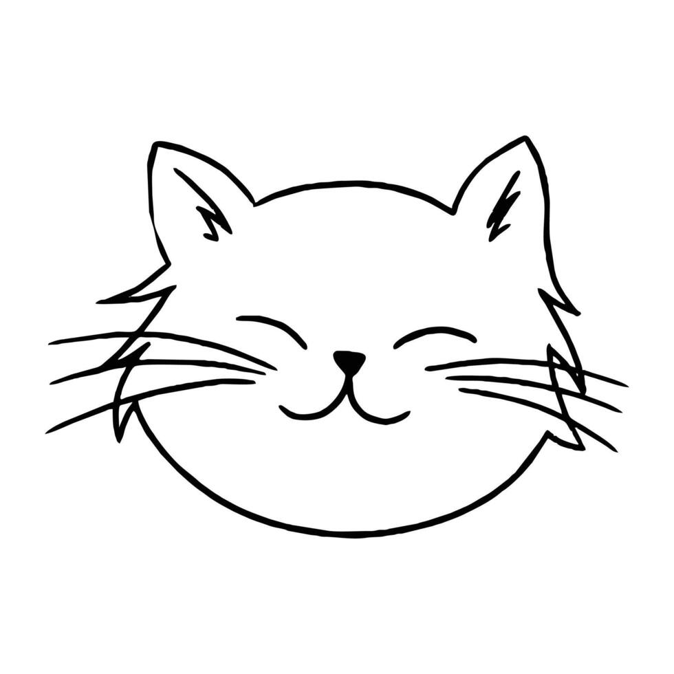 Funny Cat Smiling Face, Cute cat cartoon doodle, Cat cute face Black outline drawing kitten character, line art, black outline, Cute kitten cartoon character, hand drawn illustration of sleeping cat vector