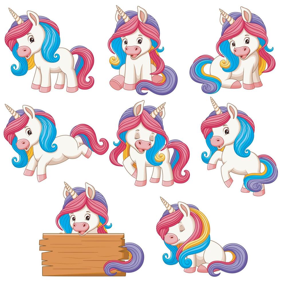 Set of Cute Cartoon Unicorns. Animal Nature Icon Concept Isolated vector