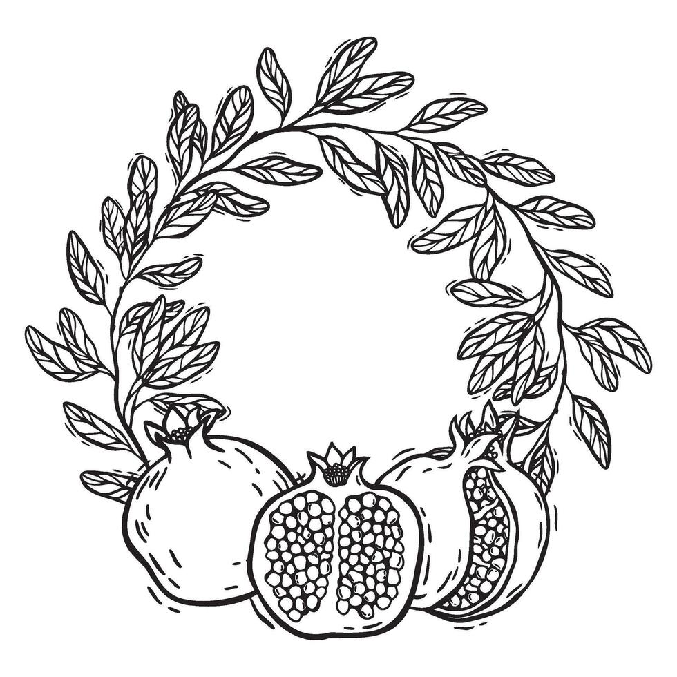 Pomegranate wreath with detailed leaves and fruit. Elegant illustration in graphic style. Suitable for invitations, greeting cards, logos, packaging and home decor. Suitable for coloring vector