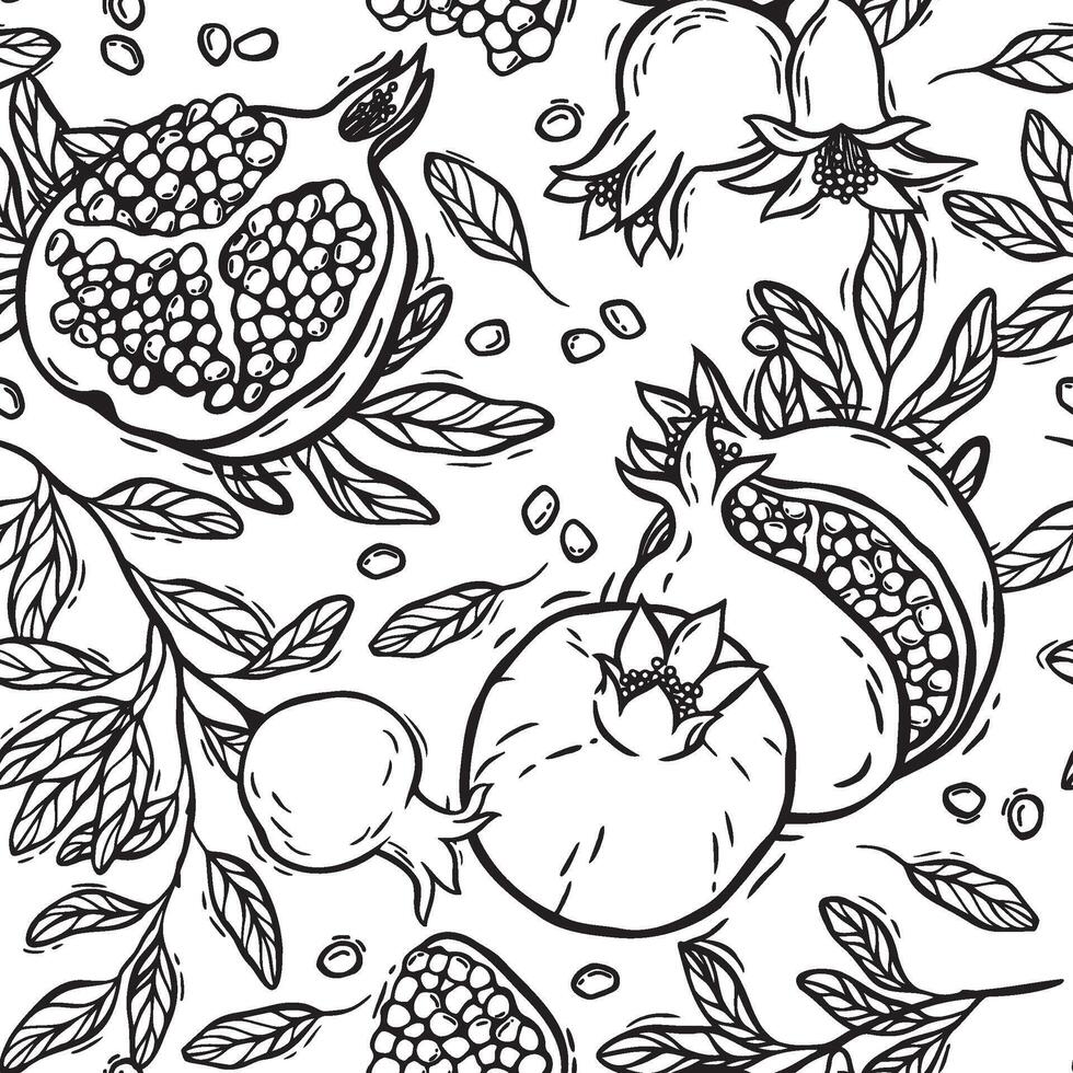 Pomegranates with leaves and seeds. seamless pattern in graphic style. Suitable for use in textile design, wallpaper, kitchen decor and wrapping paper. Black and white lines for coloring vector