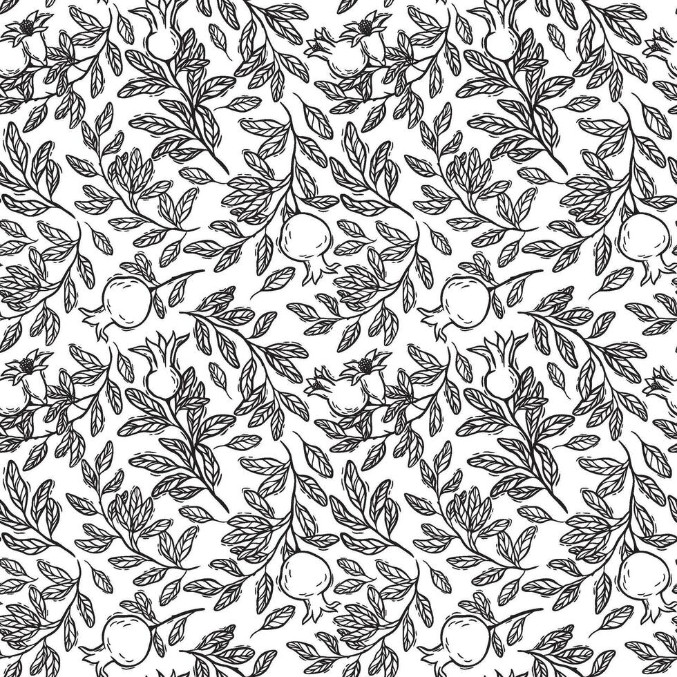 Pomegranate branches with leaves. seamless pattern in linocut style. Suitable for use in textile design, wallpaper, kitchen decor and wrapping paper. Black and white lines for coloring vector