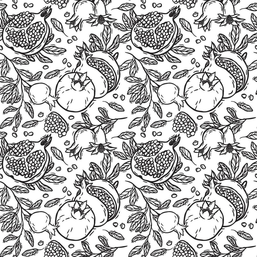 Pomegranates with leaves and seeds. seamless pattern in graphic style. Suitable for use in textile design, wallpaper, kitchen decor and wrapping paper. Black and white lines for coloring vector