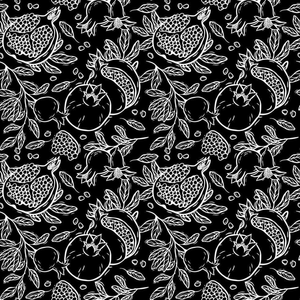 Pomegranates with leaves and seeds. seamless pattern in graphic style on a black background. Suitable for use in textile design, wallpaper, kitchen decor and wrapping paper, packaging vector
