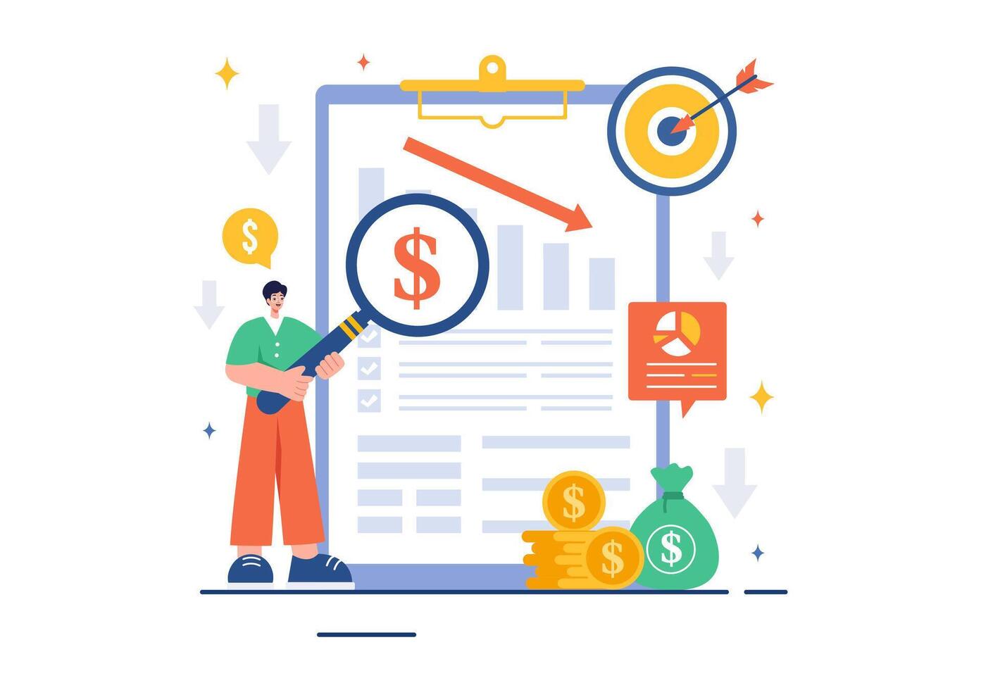 Cost Reduction Illustration depicting Decrease, Price Minimization, or Falling Profit Rates in Business, in a Flat Style Cartoon Background vector