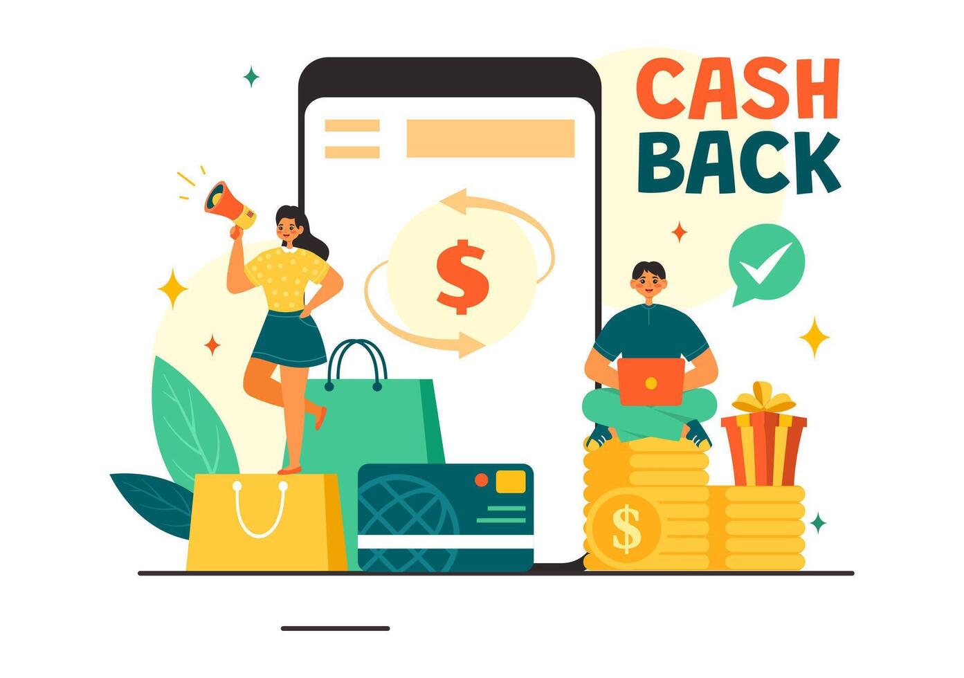 Cashback Illustration with Financial Payment to Money Cashback Service for a Buyer in a Flat Cartoon Style Background vector