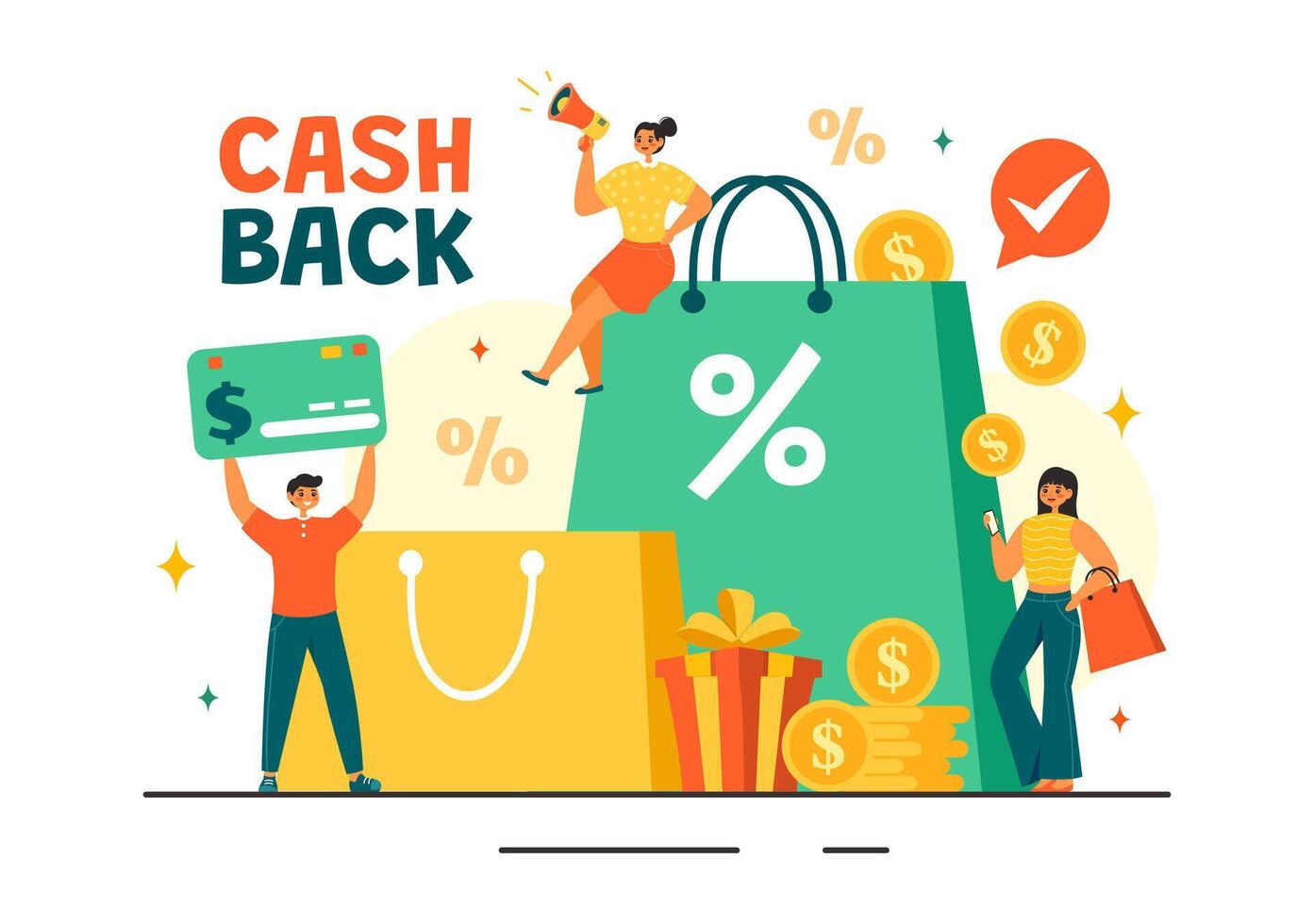 Cashback Illustration with Financial Payment to Money Cashback Service for a Buyer in a Flat Cartoon Style Background vector