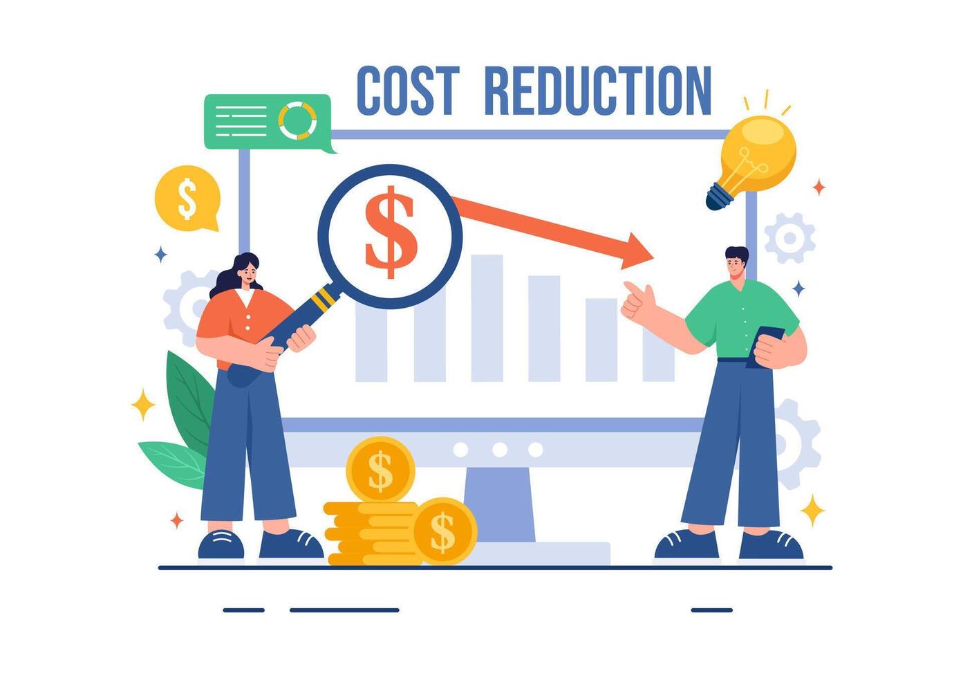Cost Reduction Illustration depicting Decrease, Price Minimization, or Falling Profit Rates in Business, in a Flat Style Cartoon Background vector