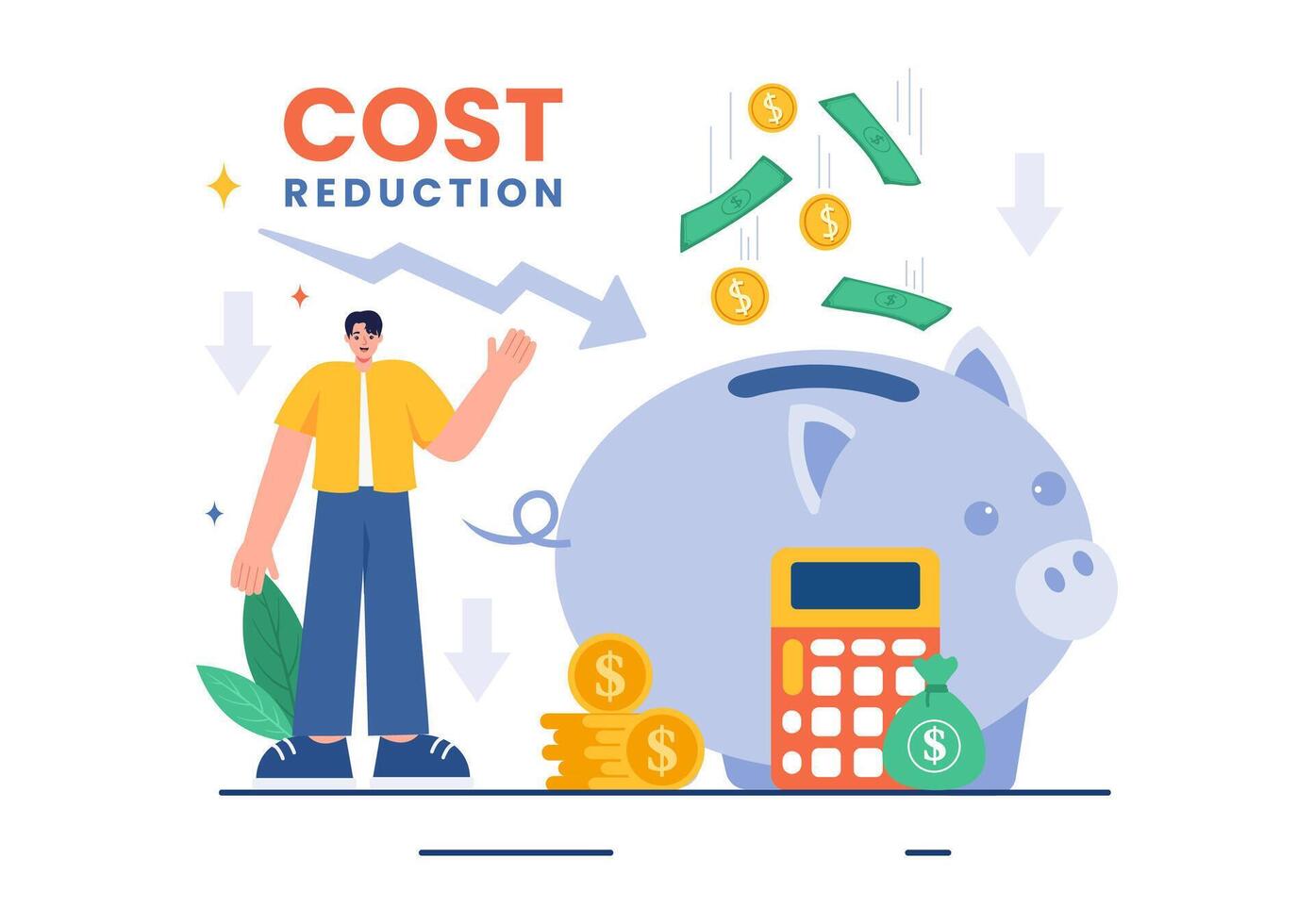 Cost Reduction Illustration depicting Decrease, Price Minimization, or Falling Profit Rates in Business, in a Flat Style Cartoon Background vector