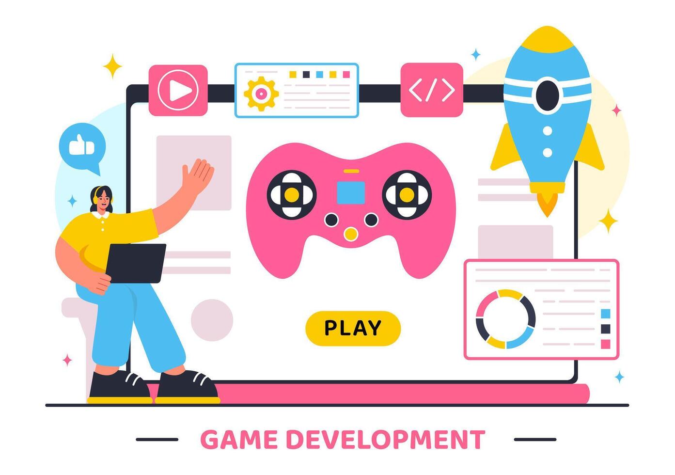 Illustration of Game Development with Games, Digital Technology, Programming, and Coding in a Flat Style Cartoon Background vector