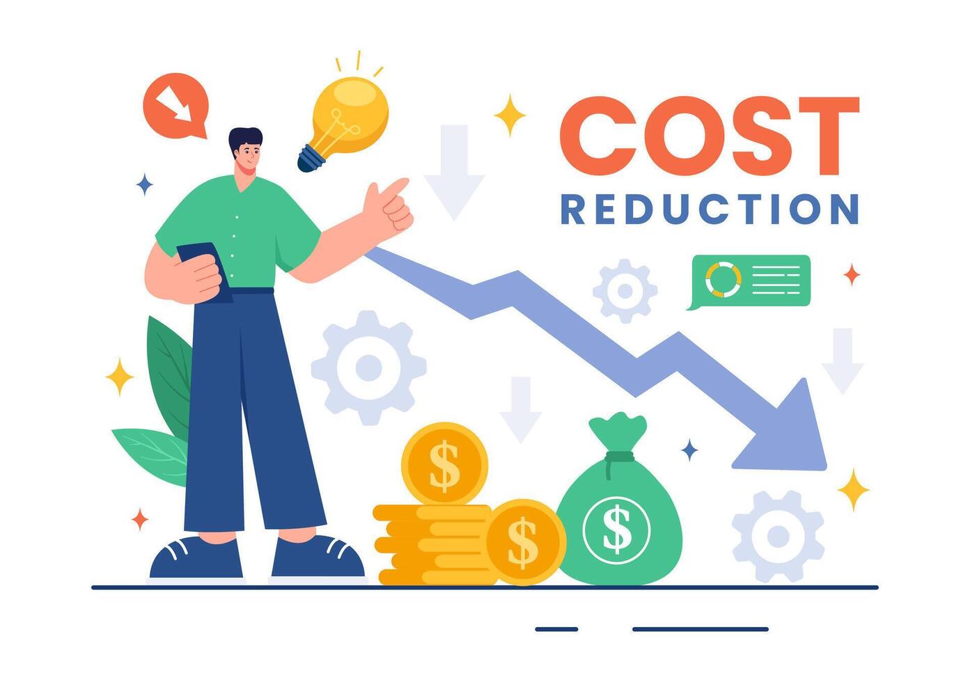 Cost Reduction Illustration depicting Decrease, Price Minimization, or Falling Profit Rates in Business, in a Flat Style Cartoon Background vector