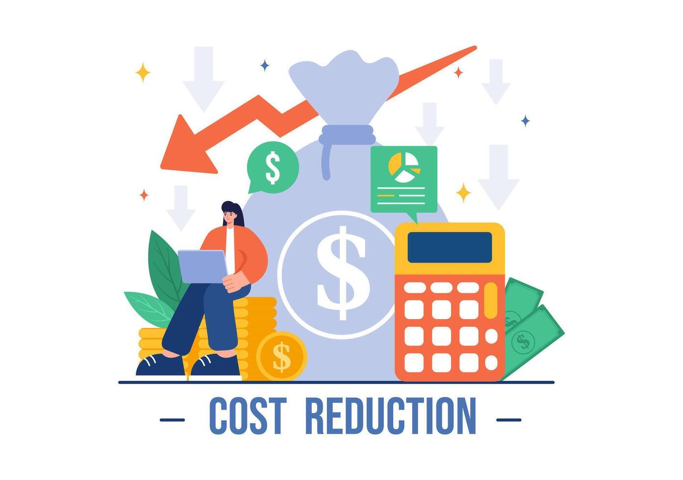 Cost Reduction Illustration depicting Decrease, Price Minimization, or Falling Profit Rates in Business, in a Flat Style Cartoon Background vector
