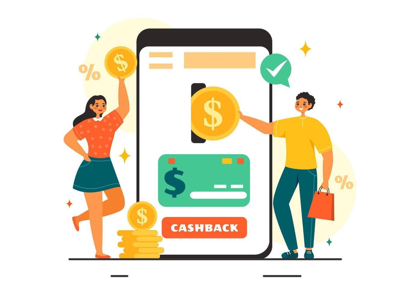 Cashback Illustration with Financial Payment to Money Cashback Service for a Buyer in a Flat Cartoon Style Background vector