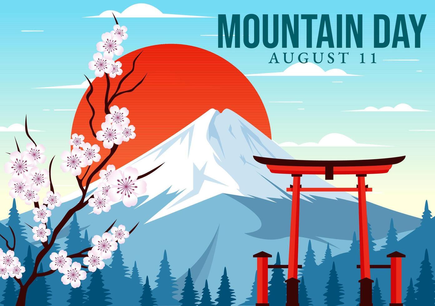 Mountain Day in Japan Illustration on August 11 featuring Mount Fuji and Sakura Flower Background in a Flat Cartoon Style Design vector