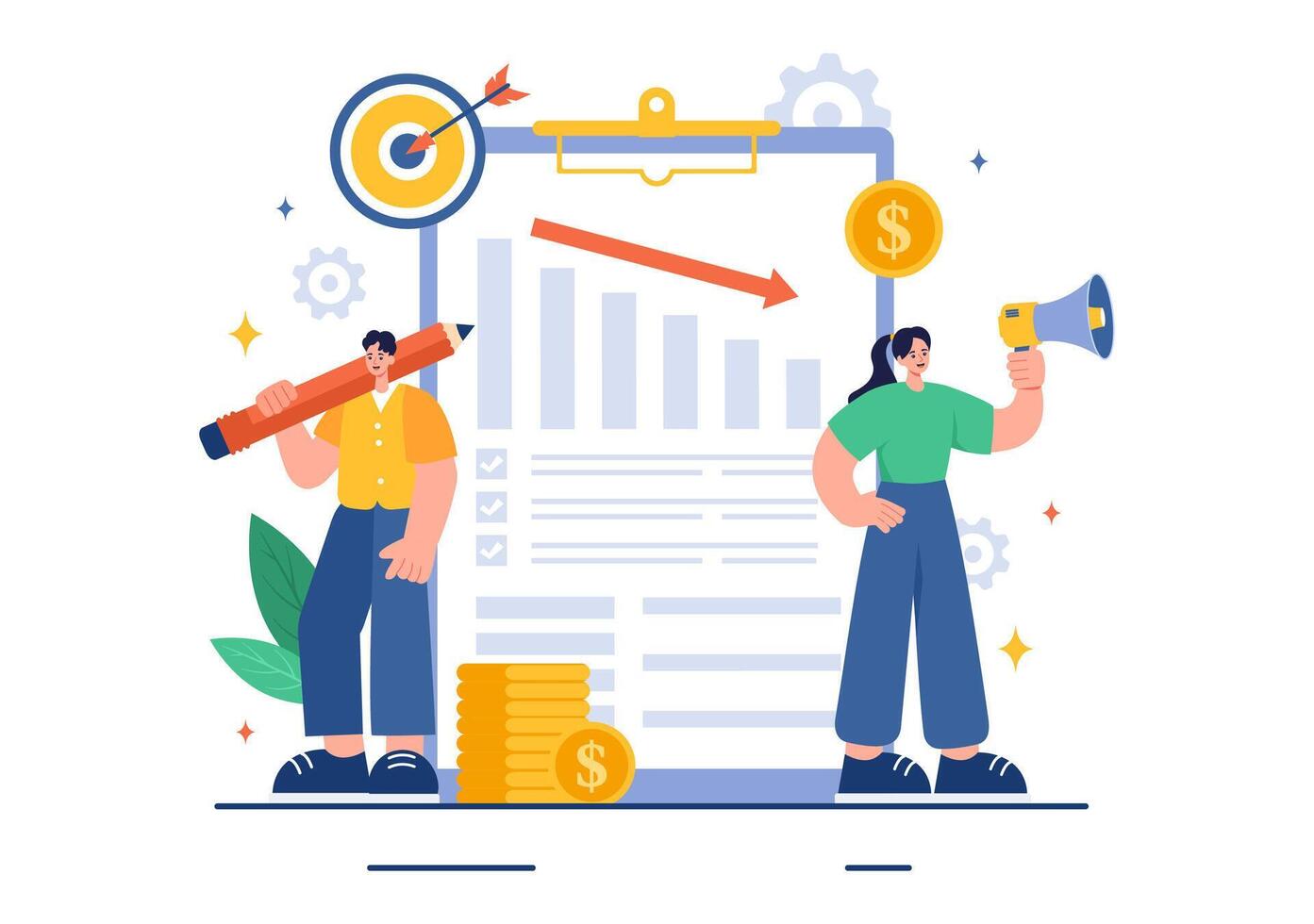 Cost Reduction Illustration depicting Decrease, Price Minimization, or Falling Profit Rates in Business, in a Flat Style Cartoon Background vector