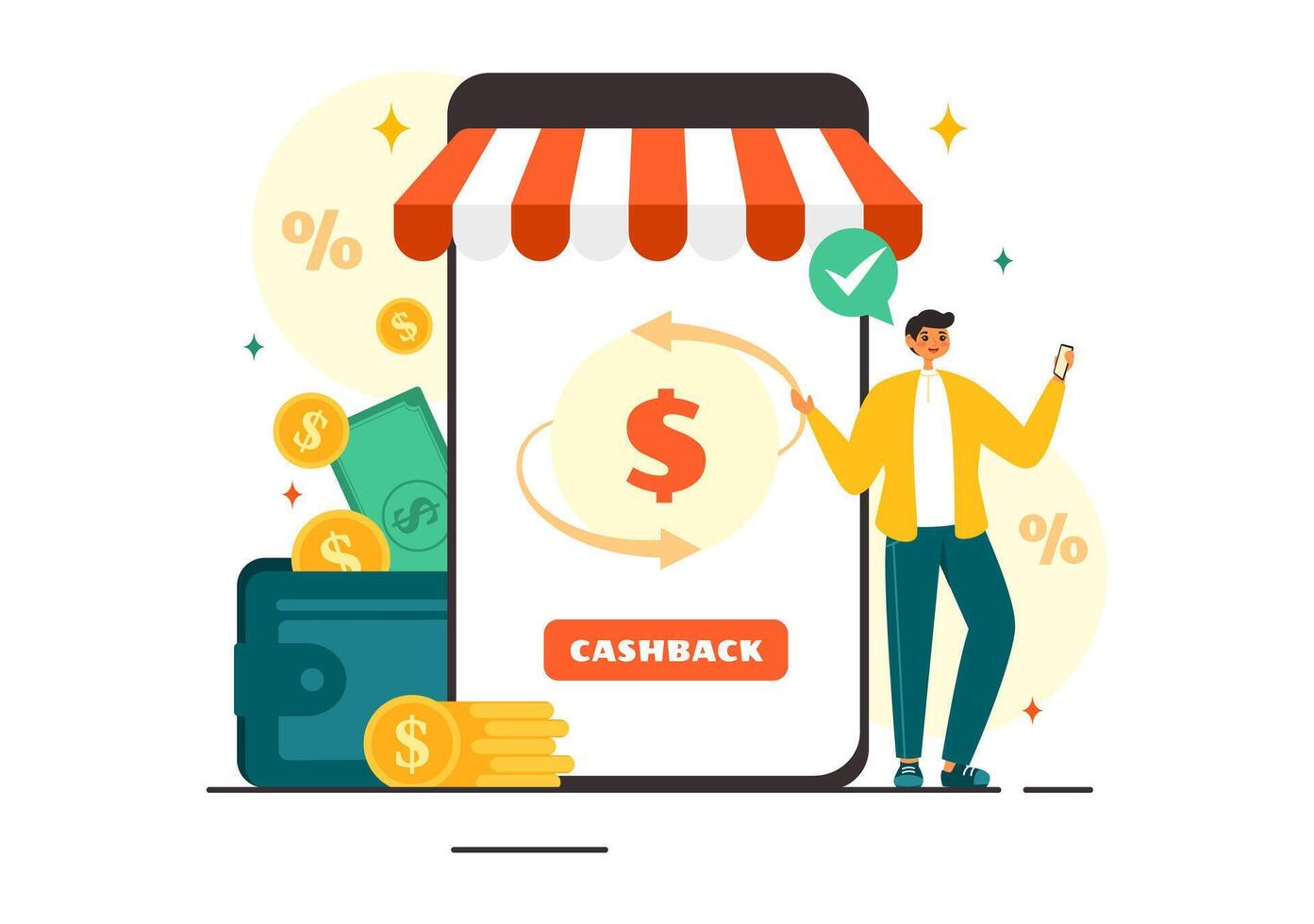 Cashback Illustration with Financial Payment to Money Cashback Service for a Buyer in a Flat Cartoon Style Background vector