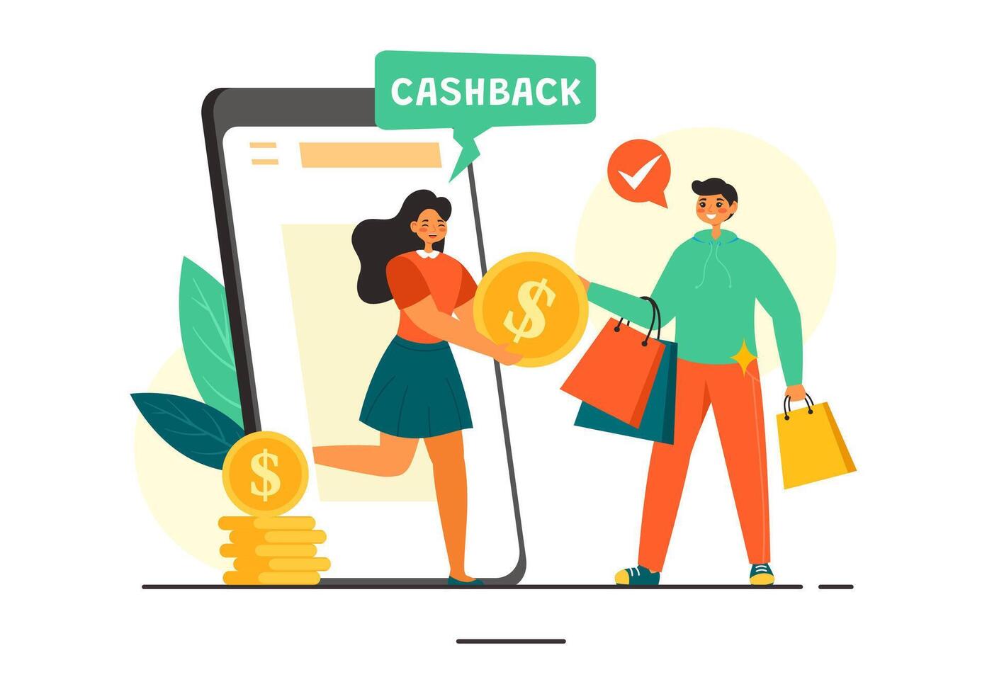 Cashback Illustration with Financial Payment to Money Cashback Service for a Buyer in a Flat Cartoon Style Background vector