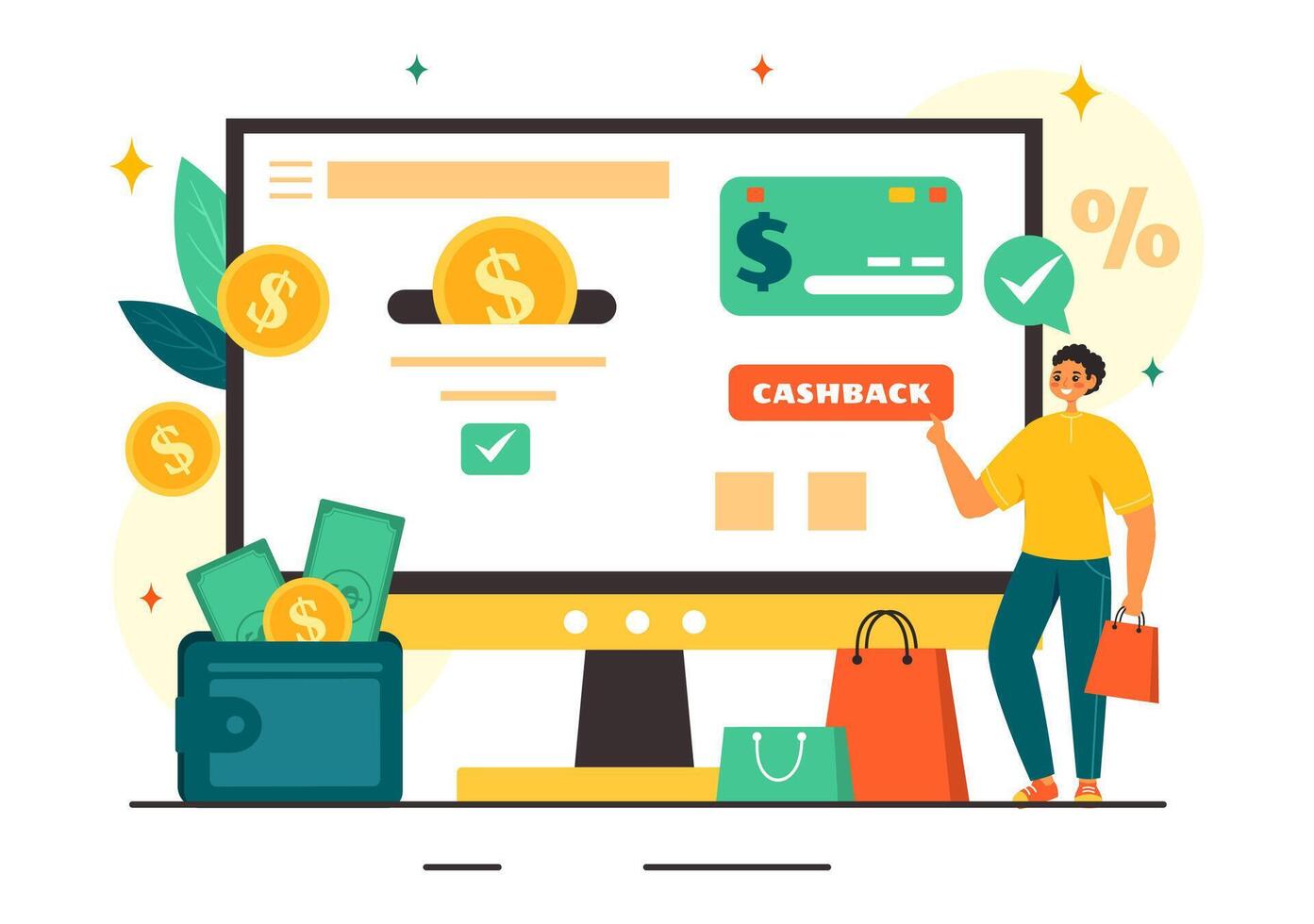 Cashback Illustration with Financial Payment to Money Cashback Service for a Buyer in a Flat Cartoon Style Background vector