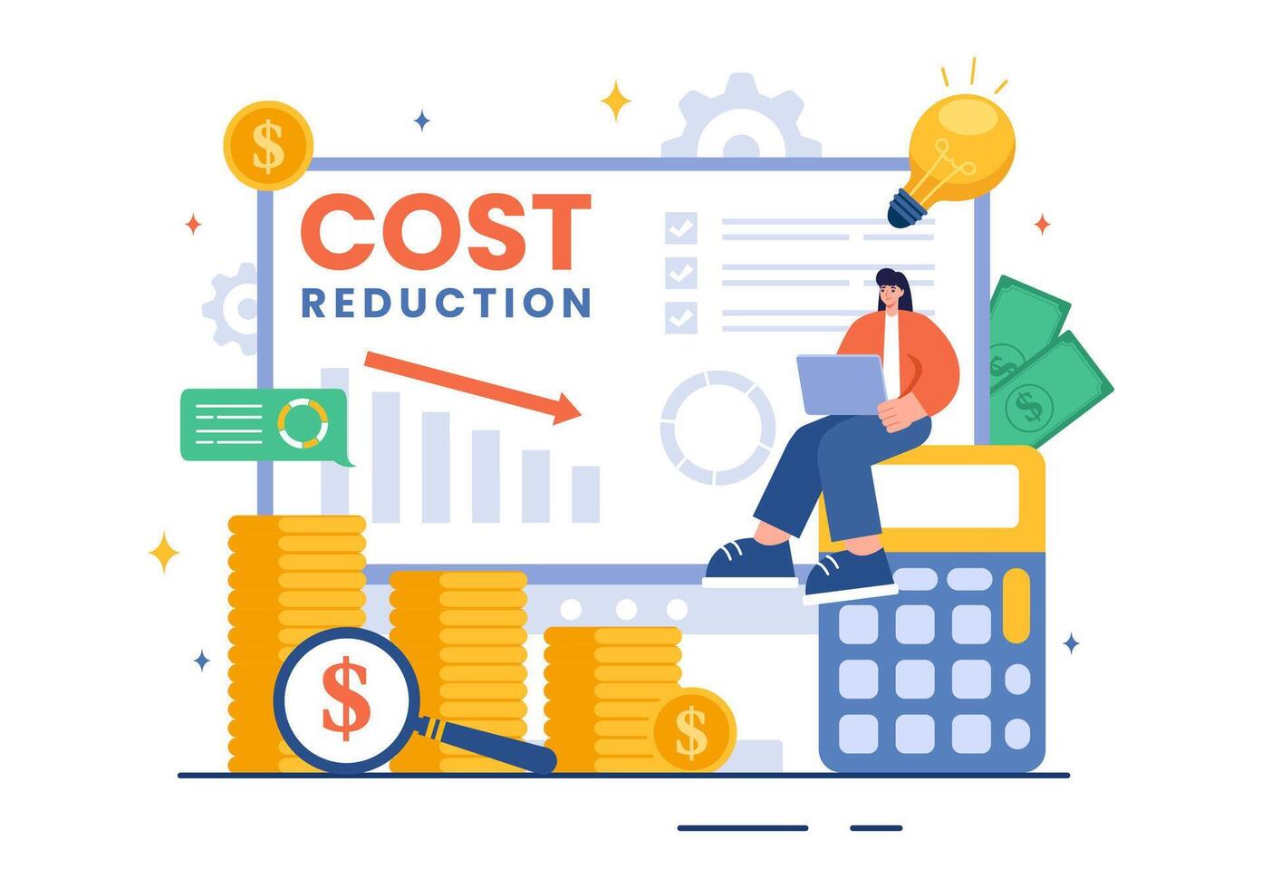 Cost Reduction Illustration depicting Decrease, Price Minimization, or Falling Profit Rates in Business, in a Flat Style Cartoon Background vector