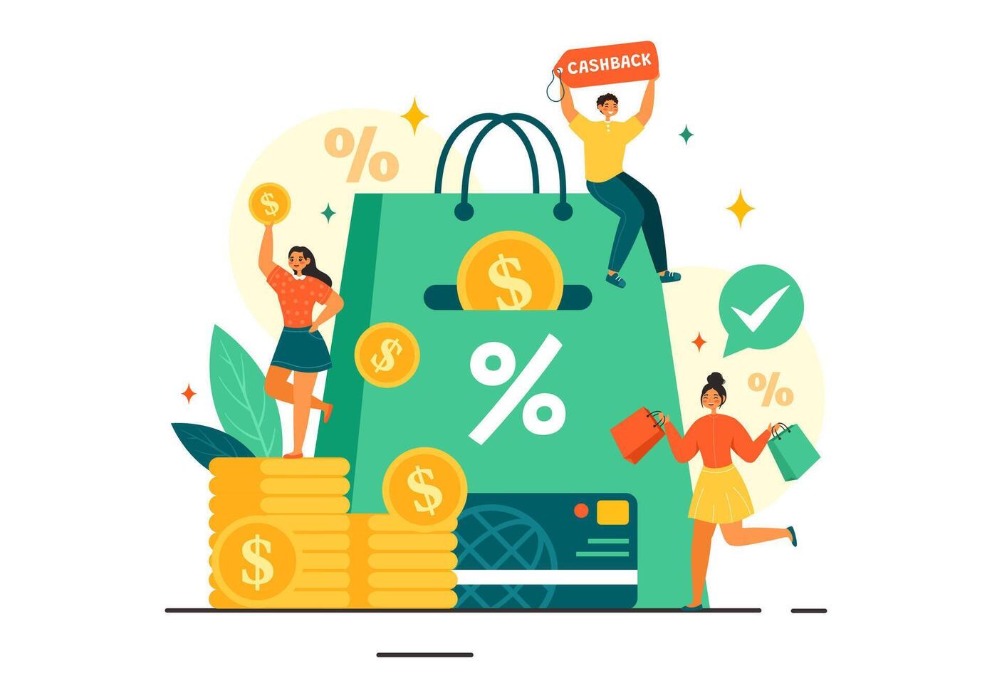 Cashback Illustration with Financial Payment to Money Cashback Service for a Buyer in a Flat Cartoon Style Background vector