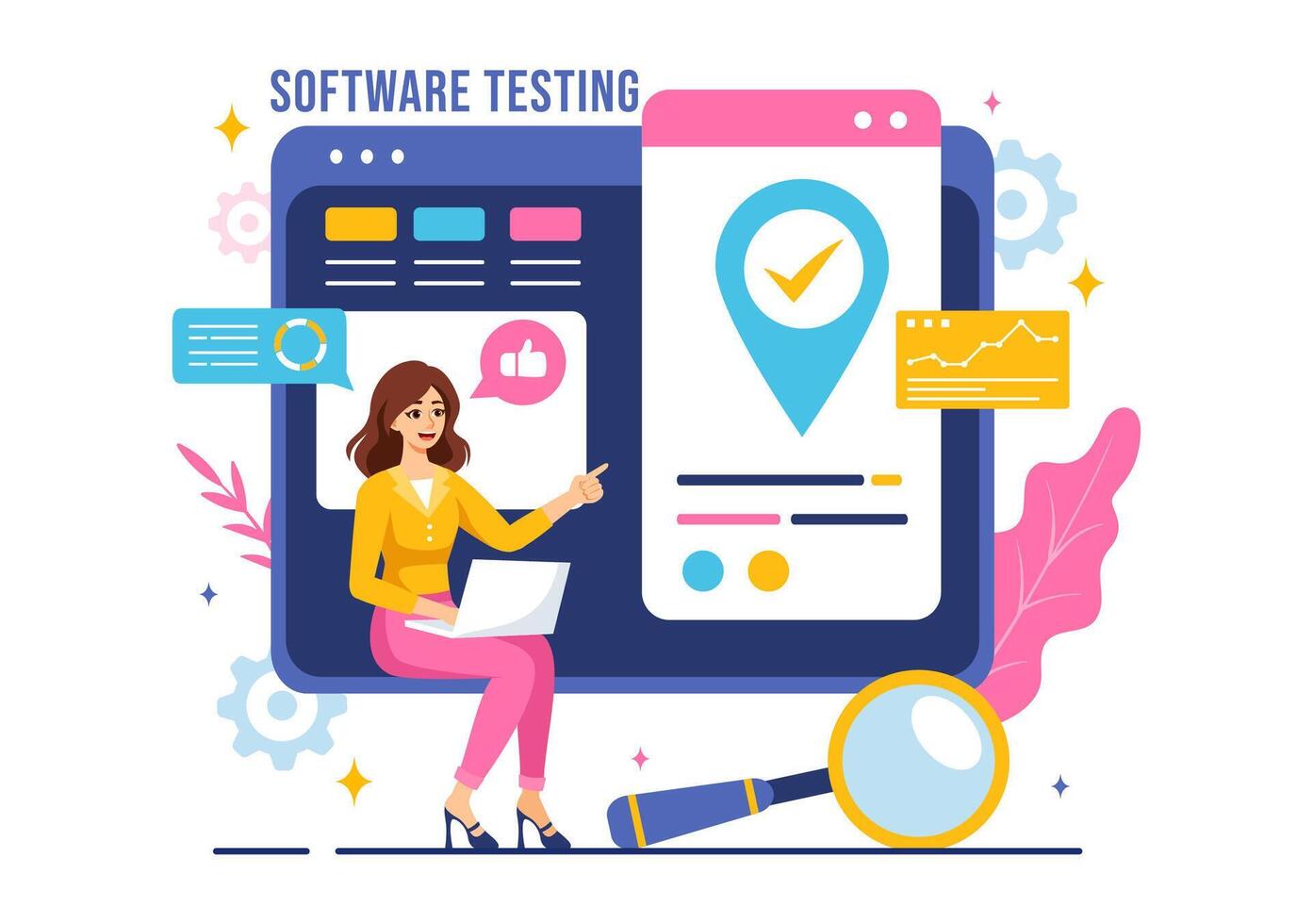 Software Testing Illustration featuring Application Engineering, Debugging Development Process, Programming, and Coding in a Flat Background vector