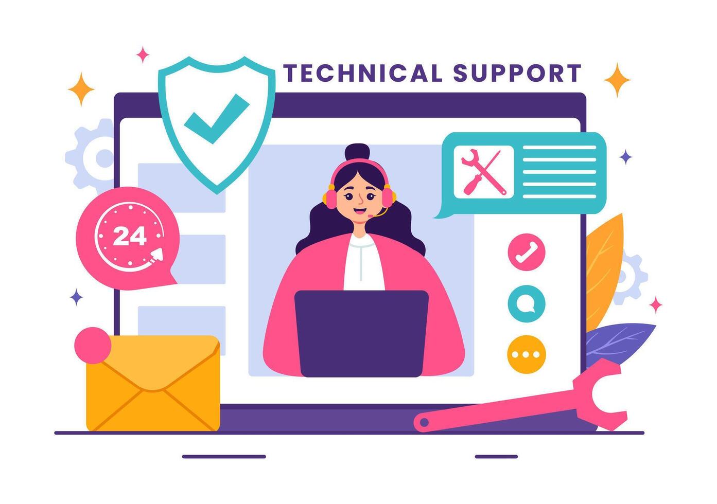 Illustration of a Technical Support System featuring Software Development, Customer Service and Technology Help in a Flat Cartoon Background vector