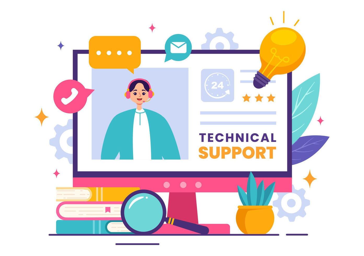 ilustración de un técnico apoyo sistema presentando software desarrollo, cliente Servicio y tecnología ayuda en un plano dibujos animados antecedentes vector