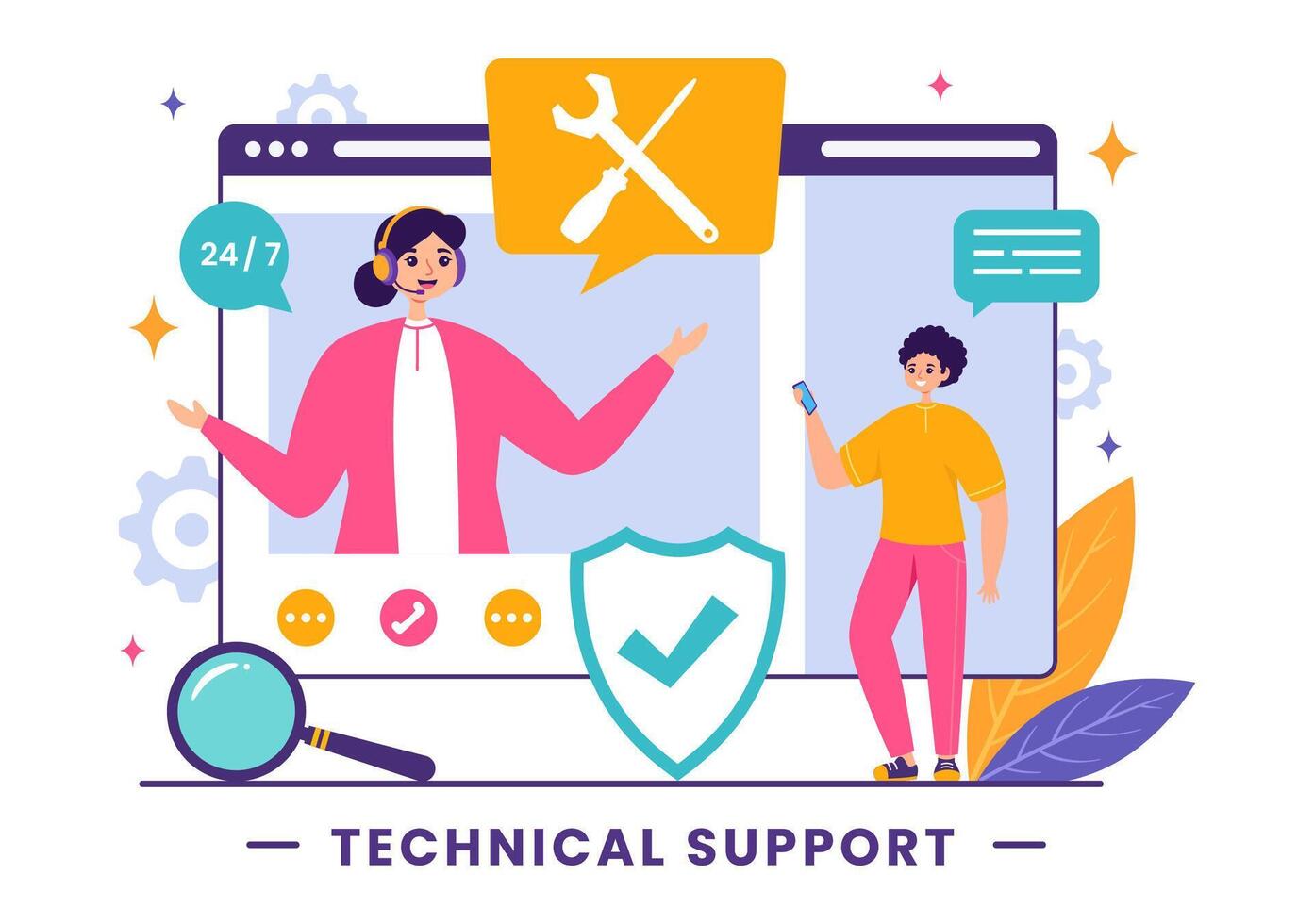 Illustration of a Technical Support System featuring Software Development, Customer Service and Technology Help in a Flat Cartoon Background vector